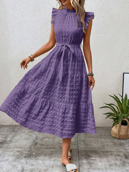 Casual Dresses - Boho Belted Midi Dress with Playful Ruffle Accents