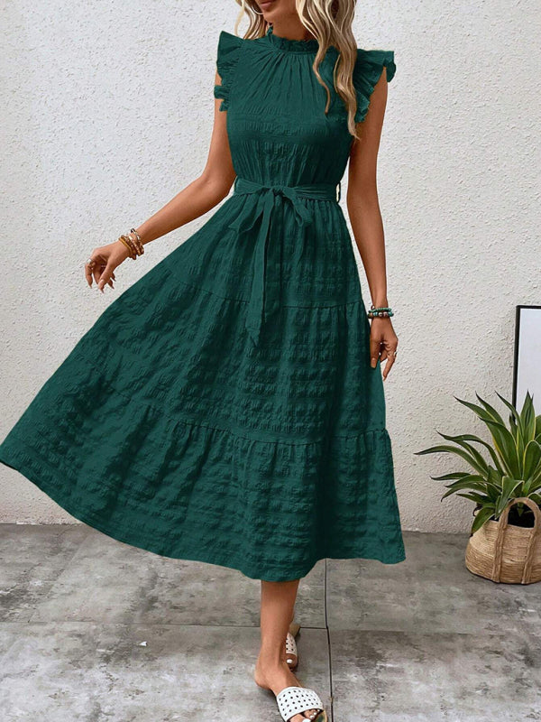 Casual Dresses - Boho Belted Midi Dress with Playful Ruffle Accents