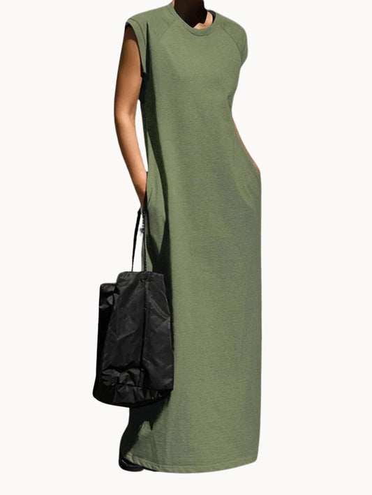 Casual Dresses- Casual Cotton Tunic Maxi Dress for Everyday Comfort- Green- Pekosa Women Fashion