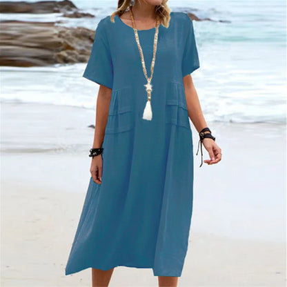 Casual Dresses- Casual Outfit Women's A-Line Midi Dress in Cotton Blend- Blue- Pekosa Women Fashion