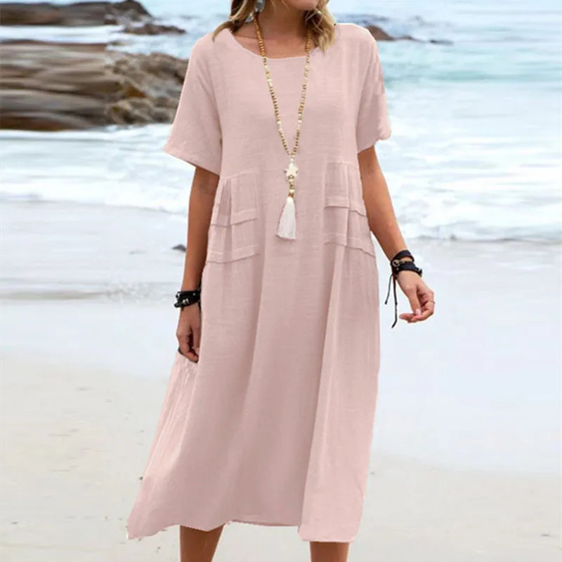 Casual Dresses- Casual Outfit Women's A-Line Midi Dress in Cotton Blend- Pink- Pekosa Women Fashion