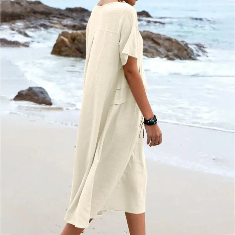 Casual Dresses- Casual Outfit Women's A-Line Midi Dress in Cotton Blend- - Pekosa Women Fashion