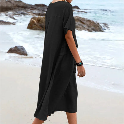 Casual Dresses- Casual Outfit Women's A-Line Midi Dress in Cotton Blend- - Pekosa Women Fashion