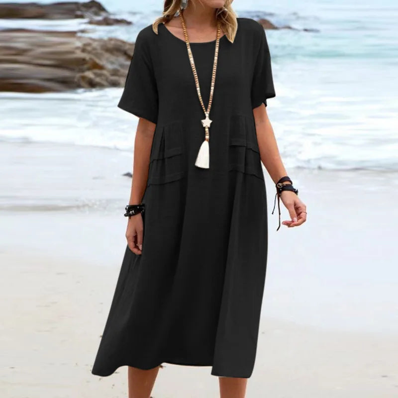 Casual Dresses- Casual Outfit Women's A-Line Midi Dress in Cotton Blend- Black- Pekosa Women Fashion