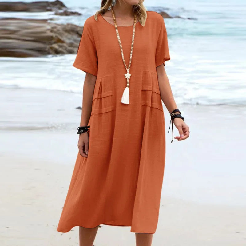 Casual Dresses- Casual Outfit Women's A-Line Midi Dress in Cotton Blend- Orange- Pekosa Women Fashion