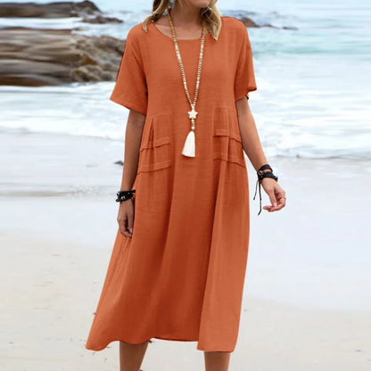 Casual Dresses- Casual Outfit Women's A-Line Midi Dress in Cotton Blend- Orange- Pekosa Women Fashion