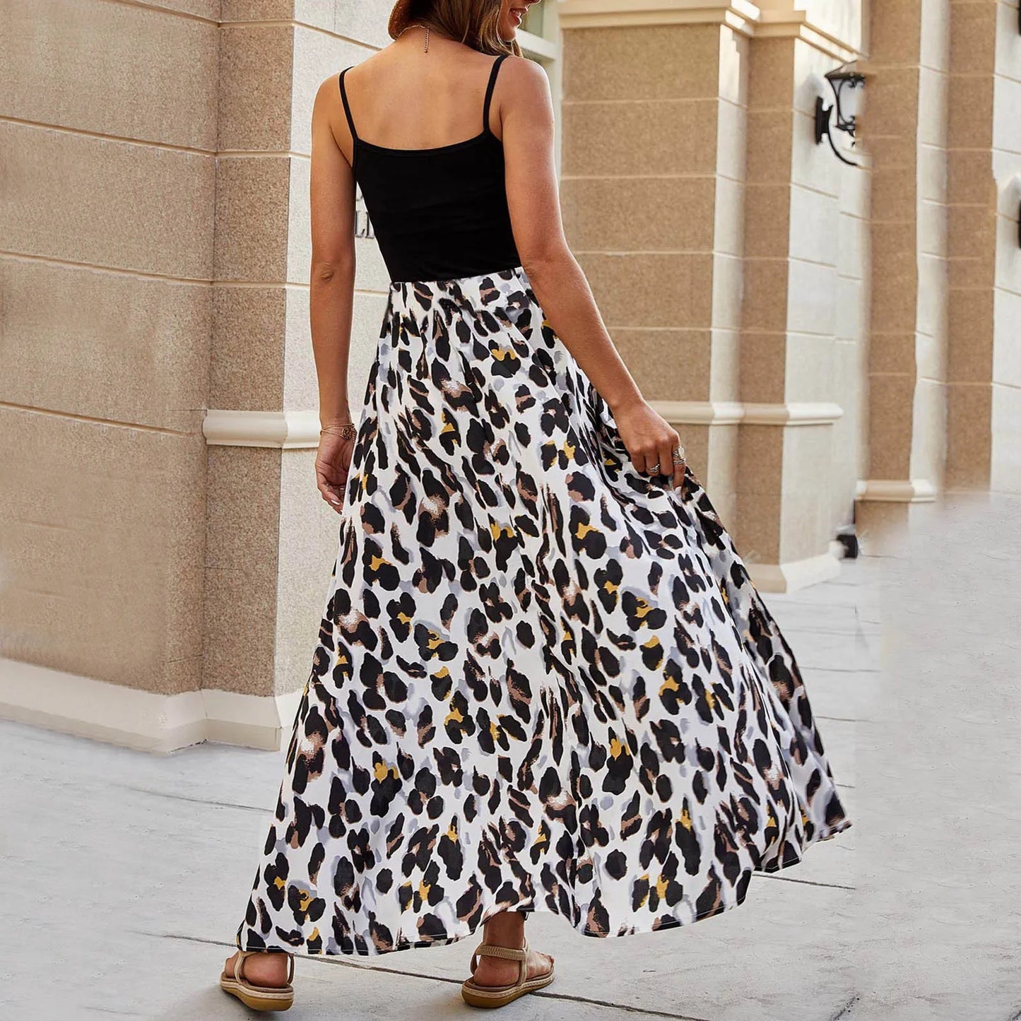 Casual Dresses- Two-Tone Color-Block Leopard Print Maxi Dress- - Pekosa Women Fashion