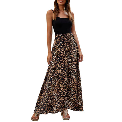 Casual Dresses- Two-Tone Color-Block Leopard Print Maxi Dress- - Pekosa Women Fashion