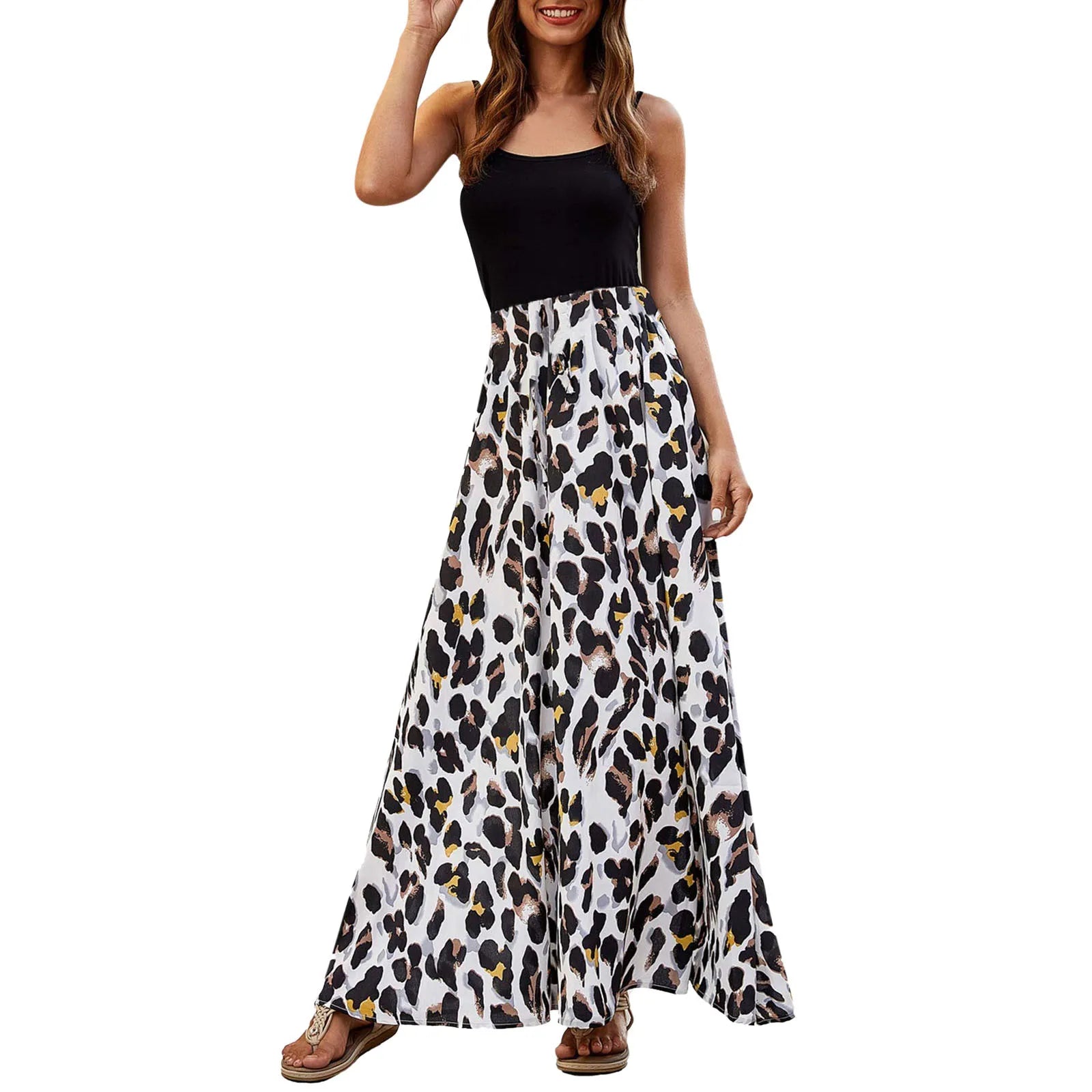 Casual Dresses- Two-Tone Color-Block Leopard Print Maxi Dress- - Pekosa Women Fashion