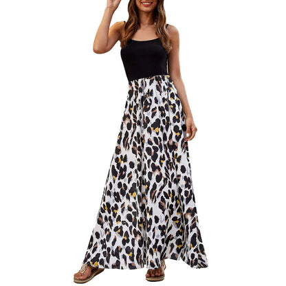 Casual Dresses- Two-Tone Color-Block Leopard Print Maxi Dress- - Pekosa Women Fashion