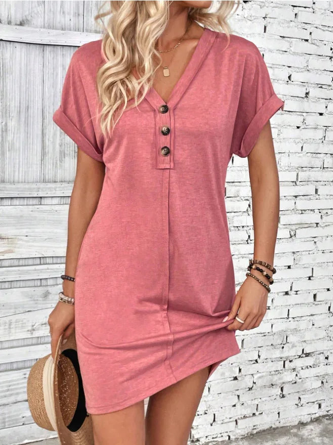 Casual Dresses- Comfy Cotton Blend T-Shirt Dress- Orange red- Chuzko Women Clothing