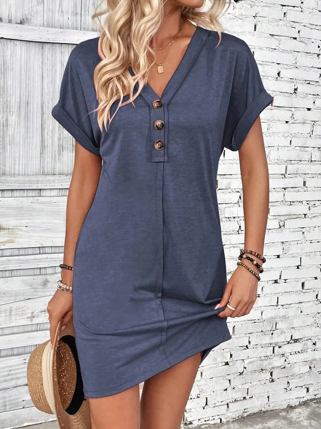 Casual Dresses- Comfy Cotton Blend T-Shirt Dress- Dark blue- Chuzko Women Clothing