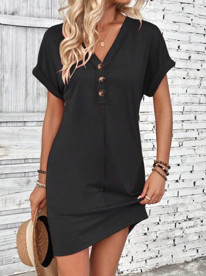 Casual Dresses- Comfy Cotton Blend T-Shirt Dress- black- Chuzko Women Clothing