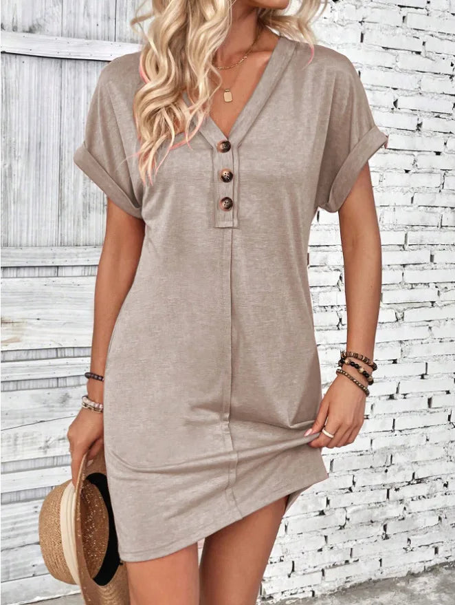 Casual Dresses- Comfy Cotton Blend T-Shirt Dress- Khaki color- Chuzko Women Clothing