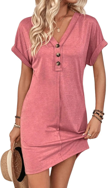 Casual Dresses- Comfy Cotton Blend T-Shirt Dress- - Chuzko Women Clothing