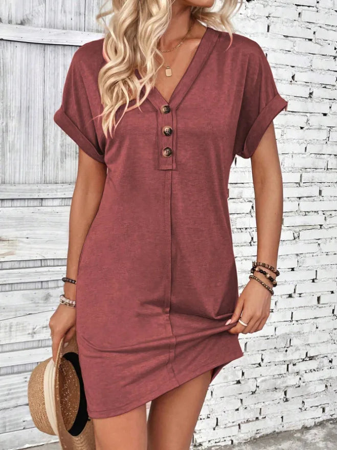 Casual Dresses- Comfy Cotton Blend T-Shirt Dress- brick-red- Chuzko Women Clothing