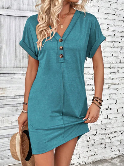 Casual Dresses- Comfy Cotton Blend T-Shirt Dress- Peacock blue- Chuzko Women Clothing