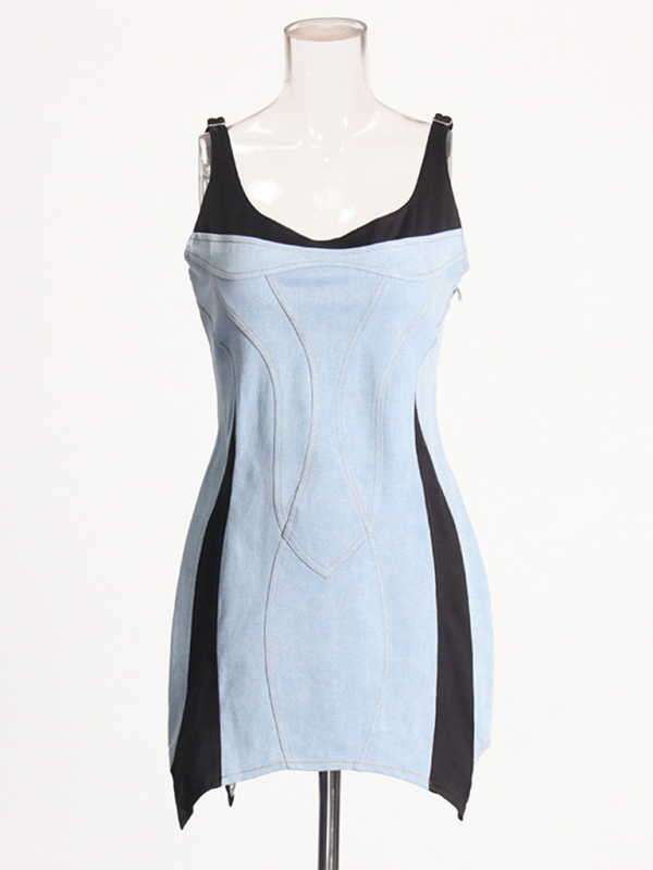 Casual Dresses- Denim & Black Contrast Dress- - Pekosa Women Fashion