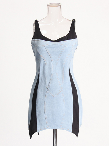 Casual Dresses- Denim & Black Contrast Dress- - Pekosa Women Fashion