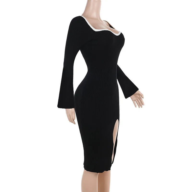 Casual Dresses- Elegant Square-Neck Slit Bodycon Dress - Perfect for Evenings