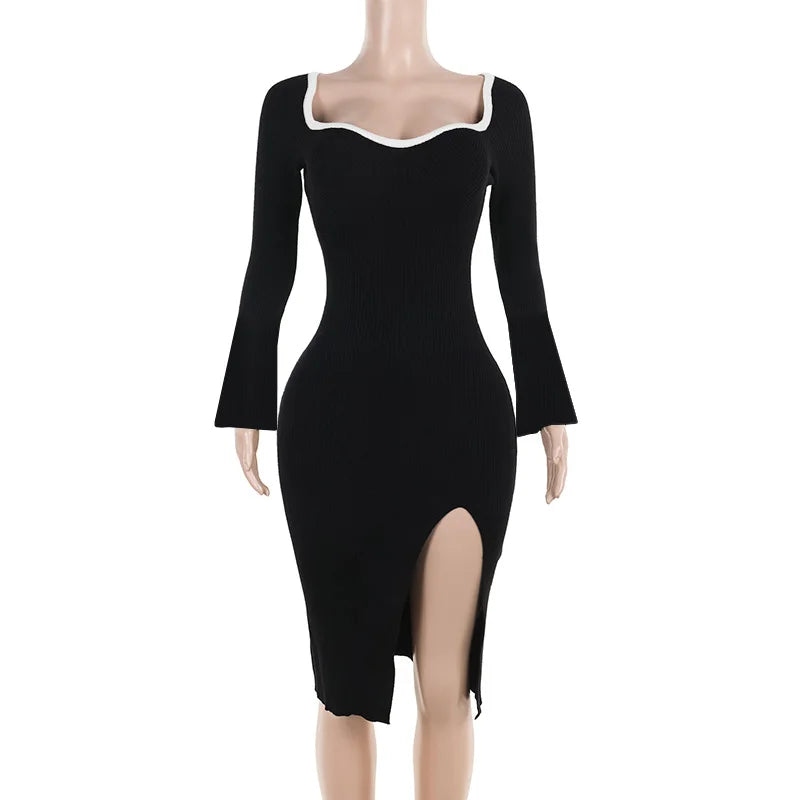 Casual Dresses- Elegant Square-Neck Slit Bodycon Dress - Perfect for Evenings