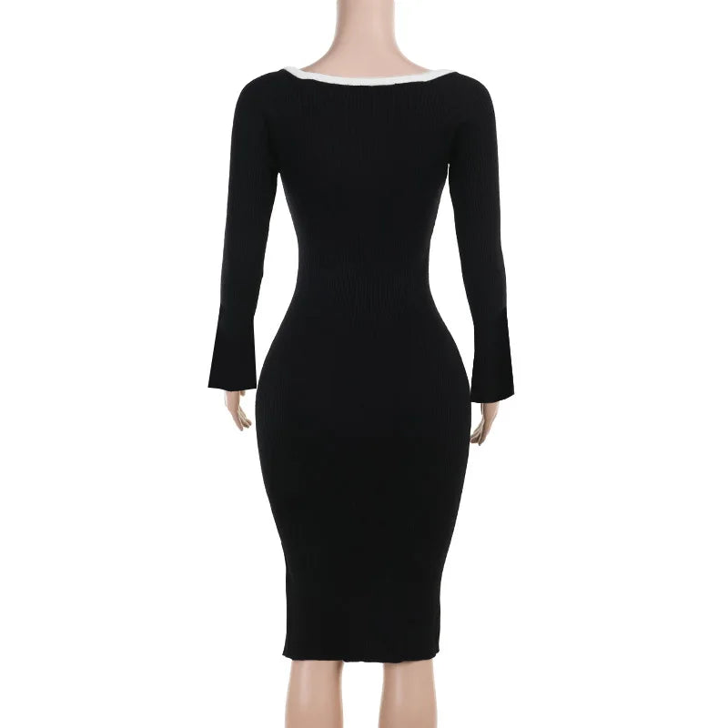 Casual Dresses- Elegant Square-Neck Slit Bodycon Dress - Perfect for Evenings