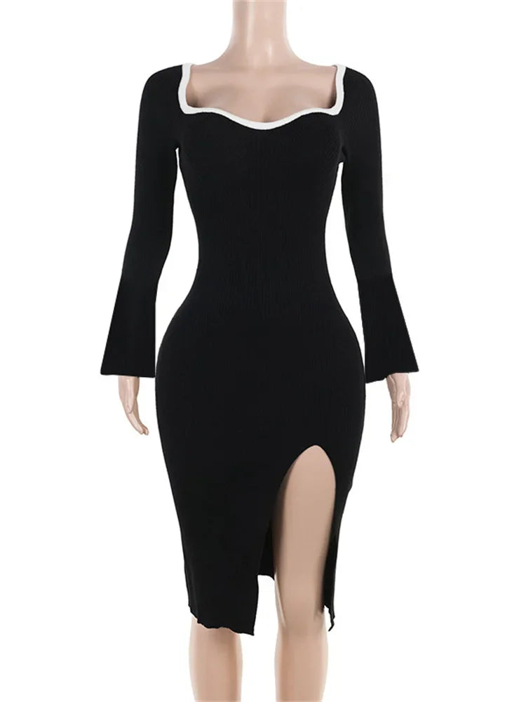 Casual Dresses- Elegant Square-Neck Slit Bodycon Dress - Perfect for Evenings