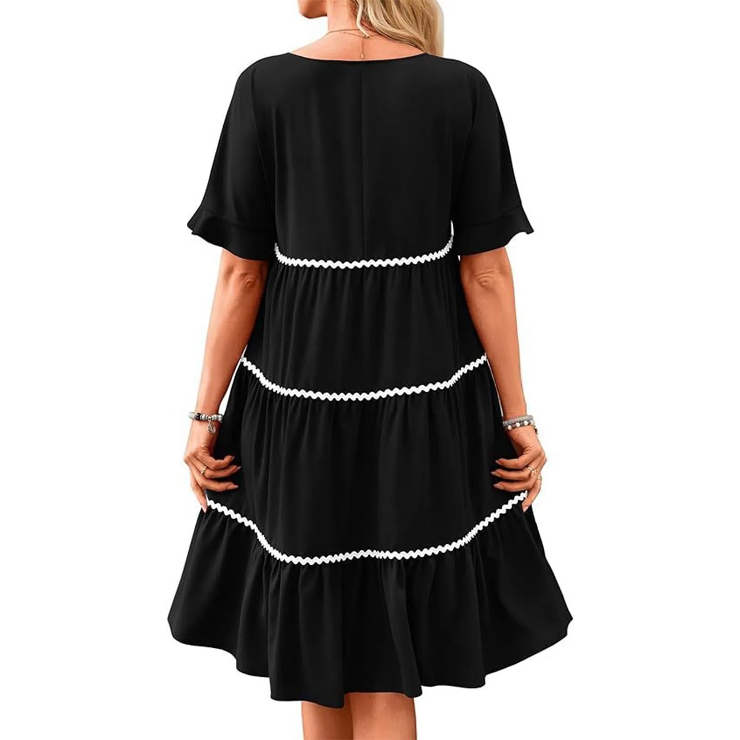 Casual Dresses- Tiered Dress with Piping Detail for Casual Outings- - Pekosa Women Fashion