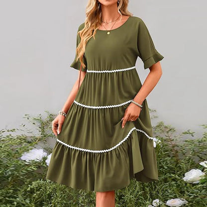 Casual Dresses- Tiered Dress with Piping Detail for Casual Outings- Army Green- Pekosa Women Fashion