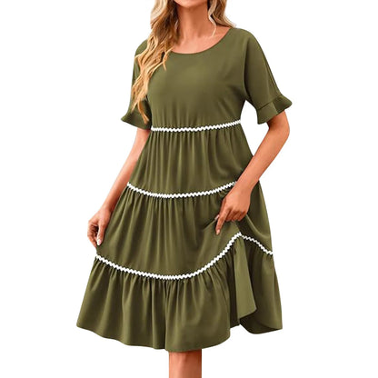 Casual Dresses- Tiered Dress with Piping Detail for Casual Outings- - Pekosa Women Fashion