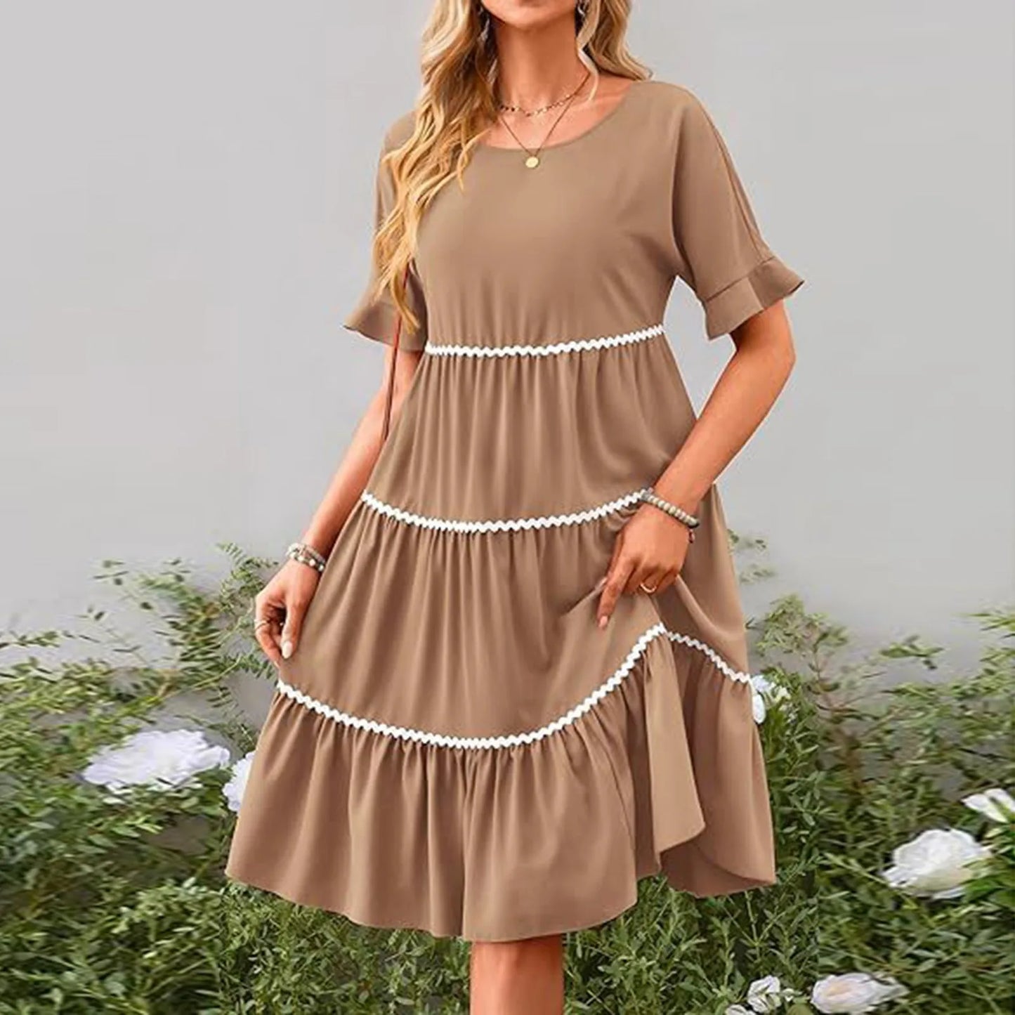 Casual Dresses- Tiered Dress with Piping Detail for Casual Outings- Khaki- Pekosa Women Fashion