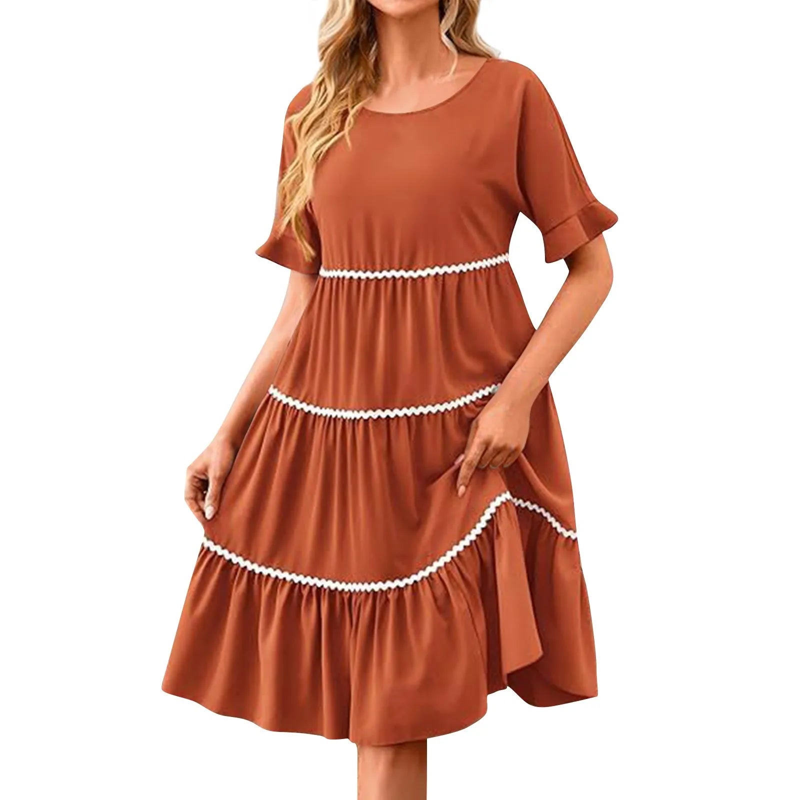 Casual Dresses- Tiered Dress with Piping Detail for Casual Outings- - Pekosa Women Fashion