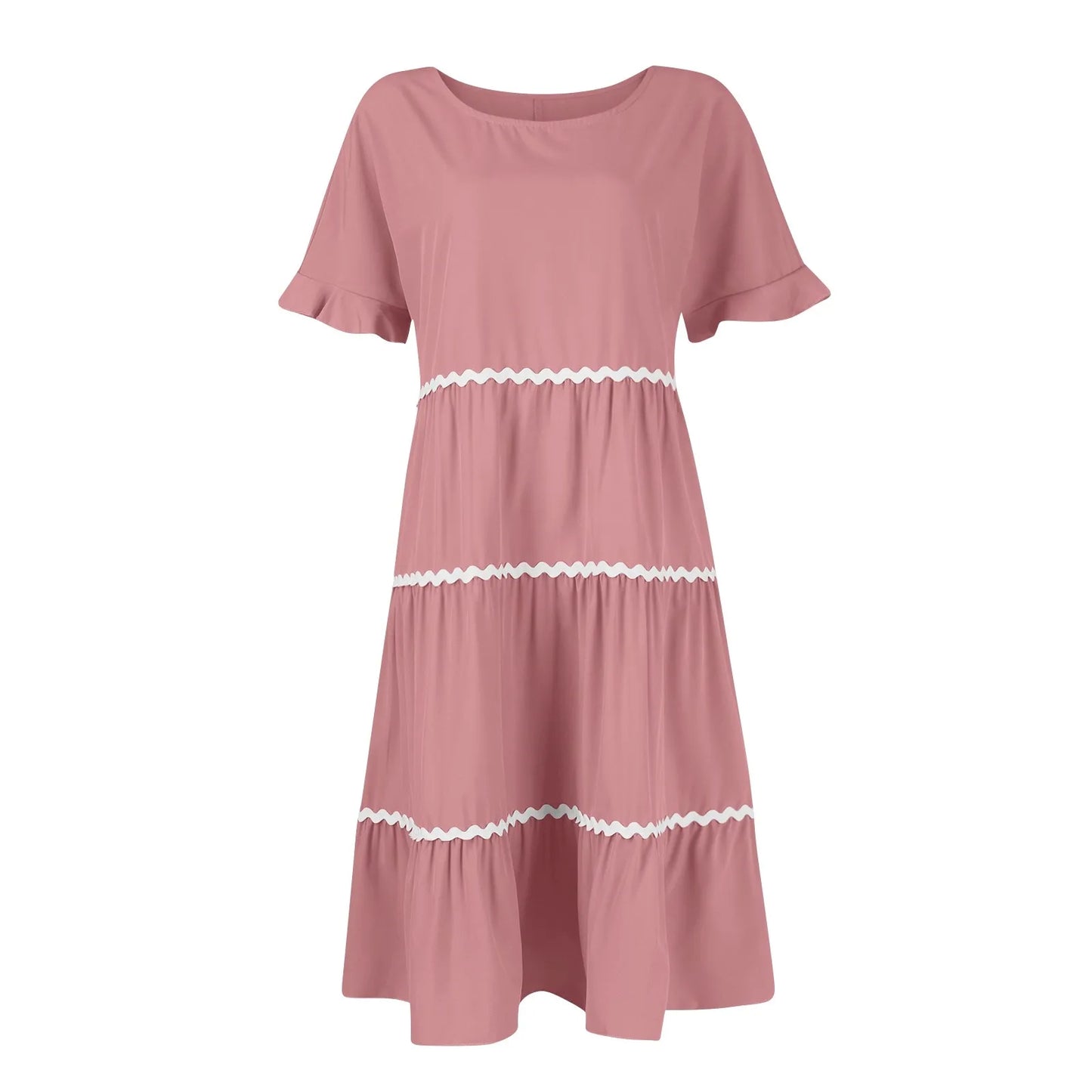 Casual Dresses- Tiered Dress with Piping Detail for Casual Outings- - Pekosa Women Fashion