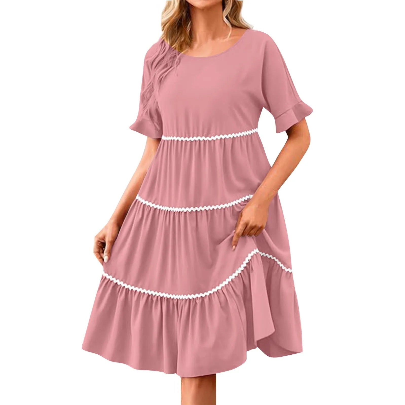 Casual Dresses- Tiered Dress with Piping Detail for Casual Outings- - Pekosa Women Fashion