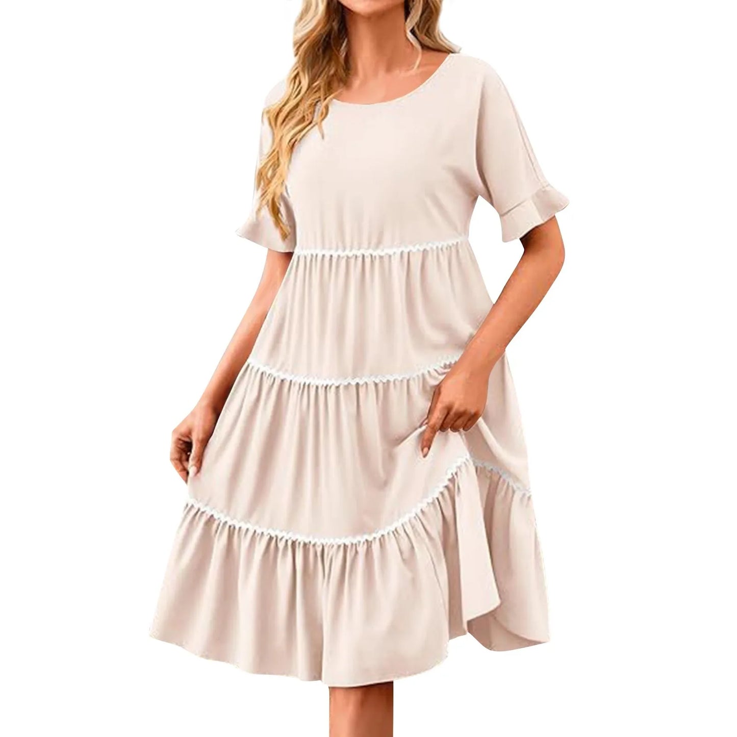 Casual Dresses- Tiered Dress with Piping Detail for Casual Outings- - Pekosa Women Fashion