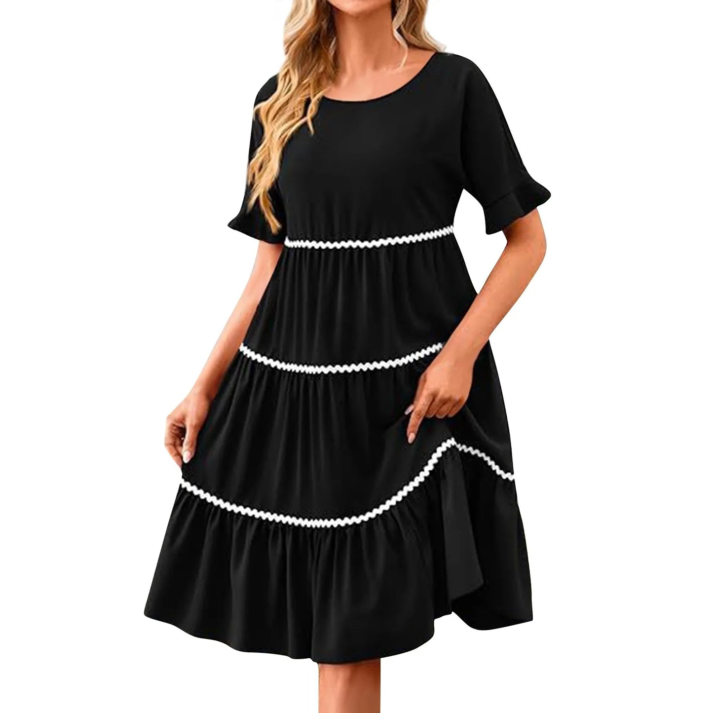 Casual Dresses- Tiered Dress with Piping Detail for Casual Outings- - Pekosa Women Fashion