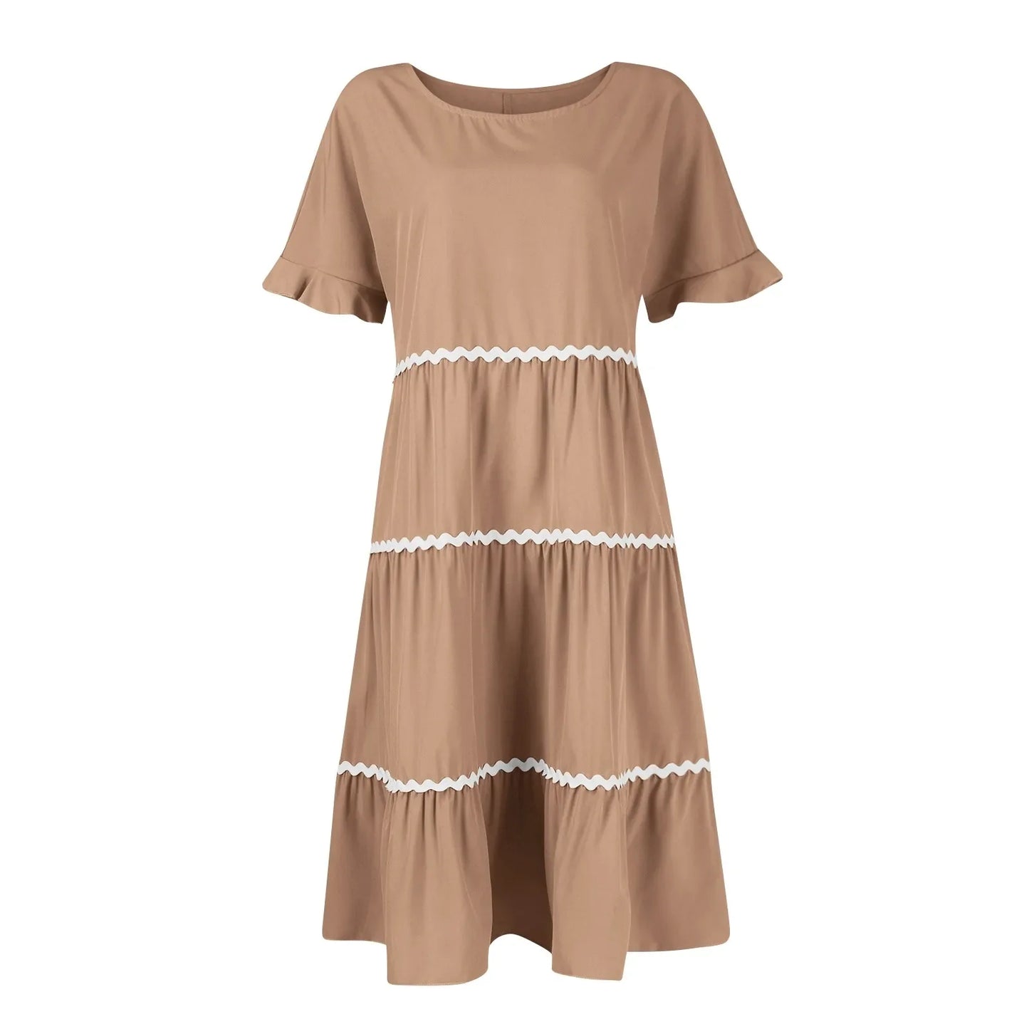 Casual Dresses- Tiered Dress with Piping Detail for Casual Outings- - Pekosa Women Fashion