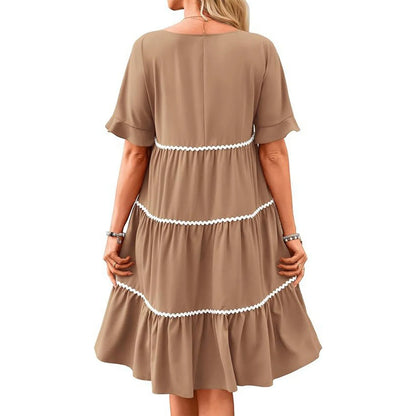 Casual Dresses- Tiered Dress with Piping Detail for Casual Outings- - Pekosa Women Fashion