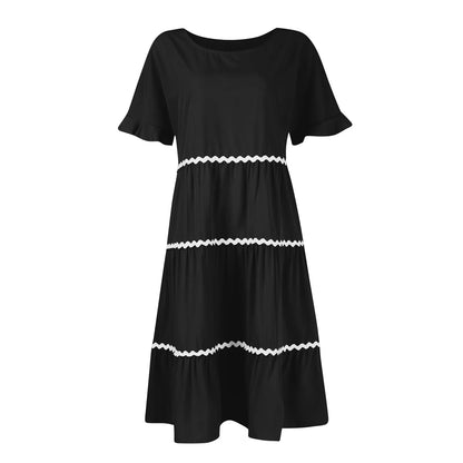 Casual Dresses- Tiered Dress with Piping Detail for Casual Outings- - Pekosa Women Fashion