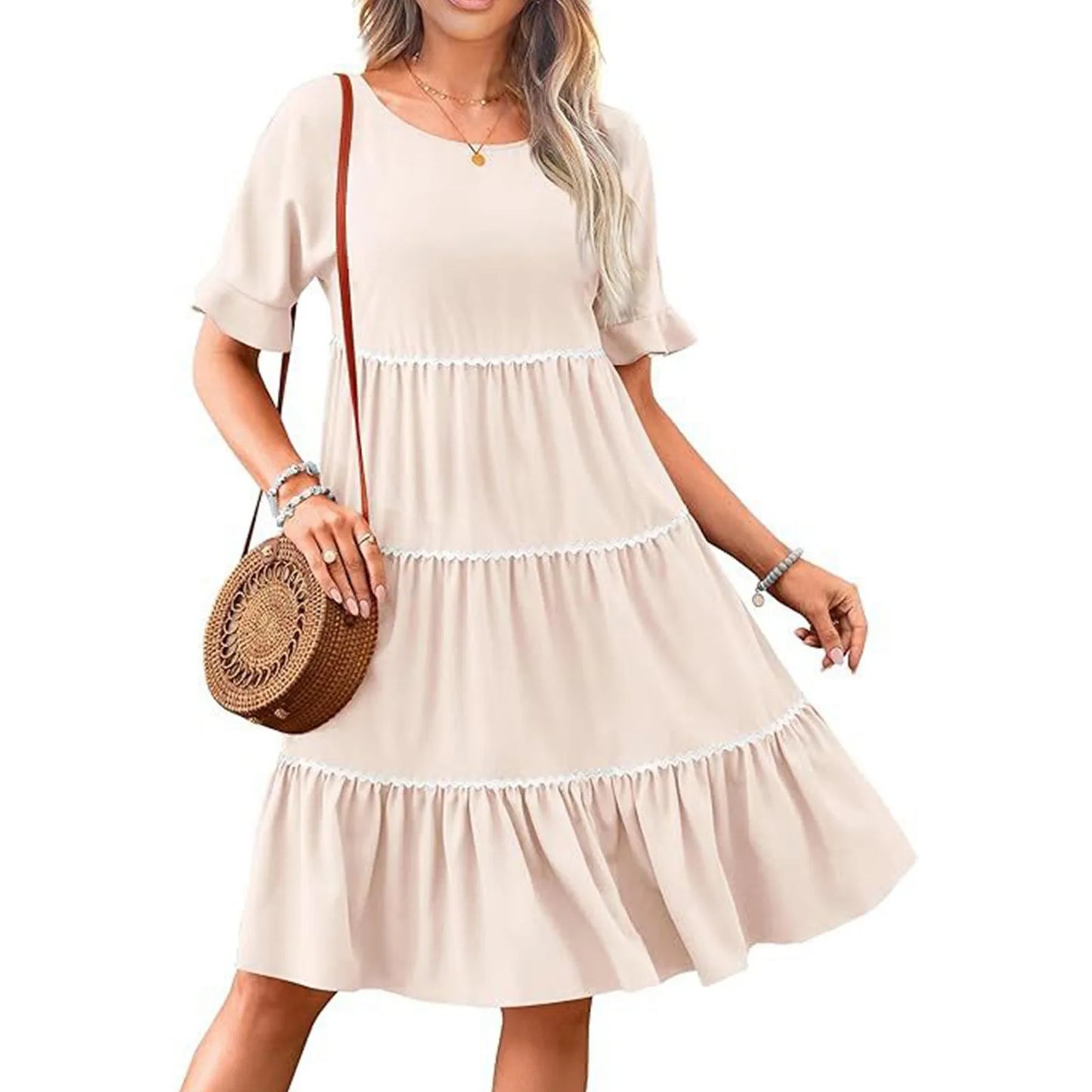 Casual Dresses- Tiered Dress with Piping Detail for Casual Outings- - Pekosa Women Fashion