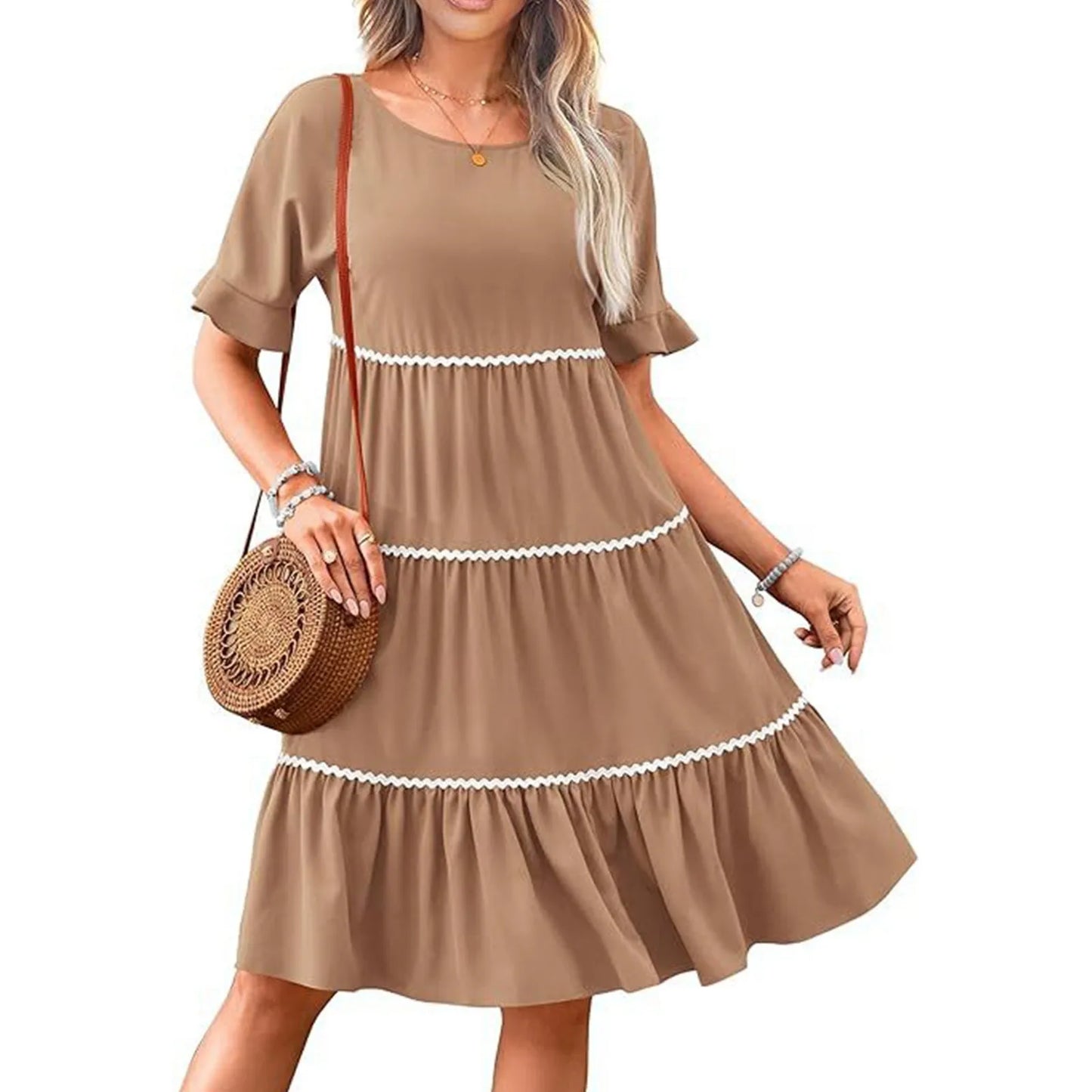 Casual Dresses- Tiered Dress with Piping Detail for Casual Outings- - Pekosa Women Fashion