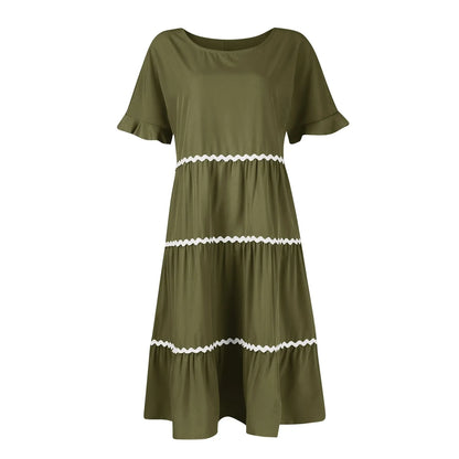 Casual Dresses- Tiered Dress with Piping Detail for Casual Outings- - Pekosa Women Fashion