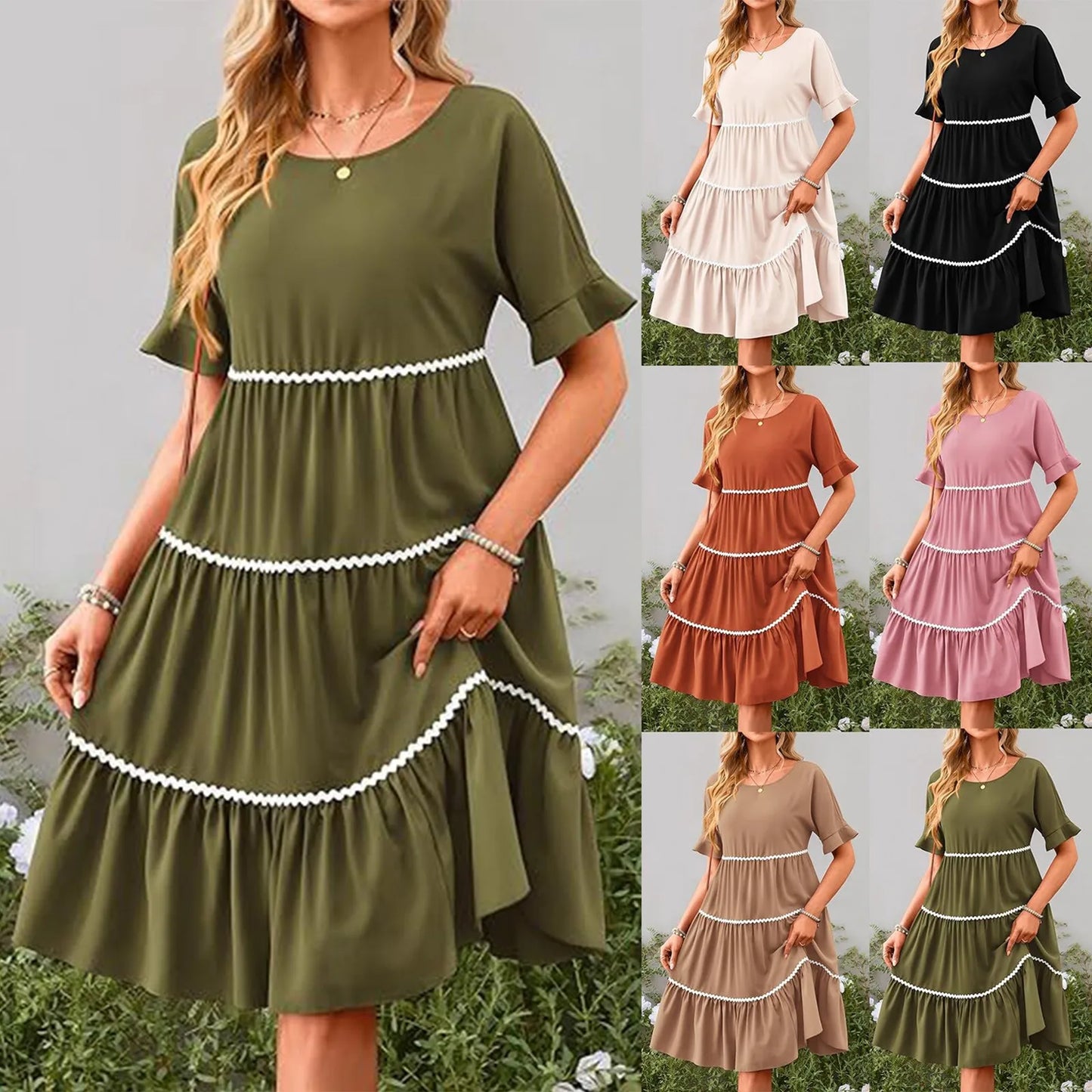 Casual Dresses- Tiered Dress with Piping Detail for Casual Outings- - Pekosa Women Fashion