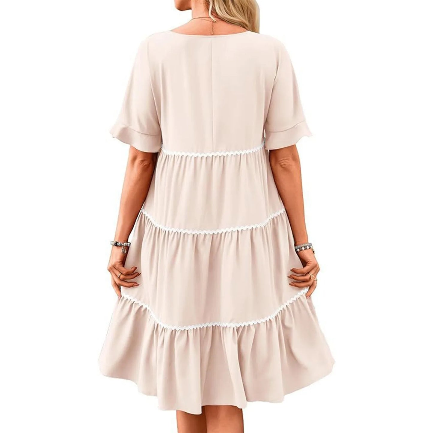 Casual Dresses- Tiered Dress with Piping Detail for Casual Outings- - Pekosa Women Fashion