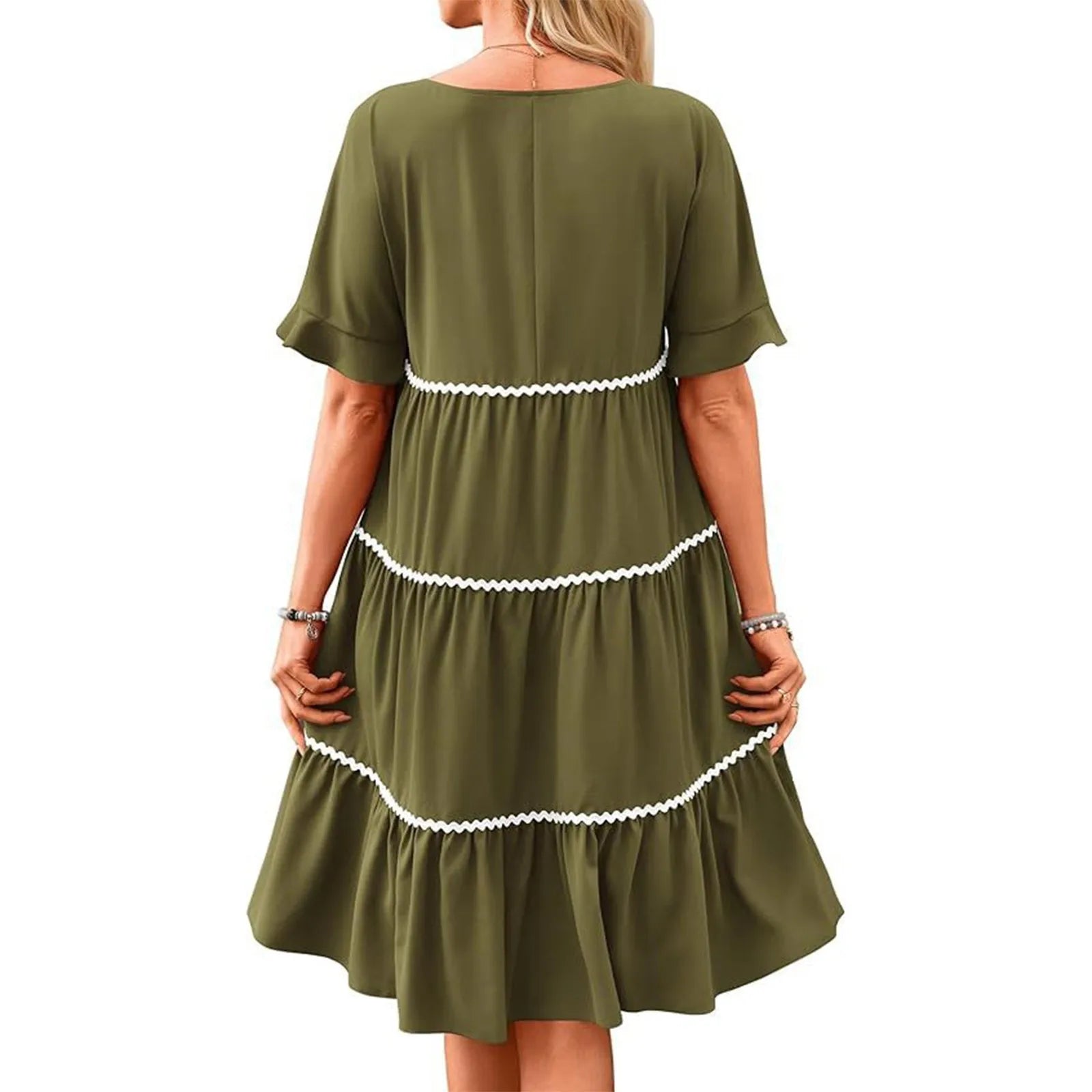 Casual Dresses- Tiered Dress with Piping Detail for Casual Outings- - Pekosa Women Fashion