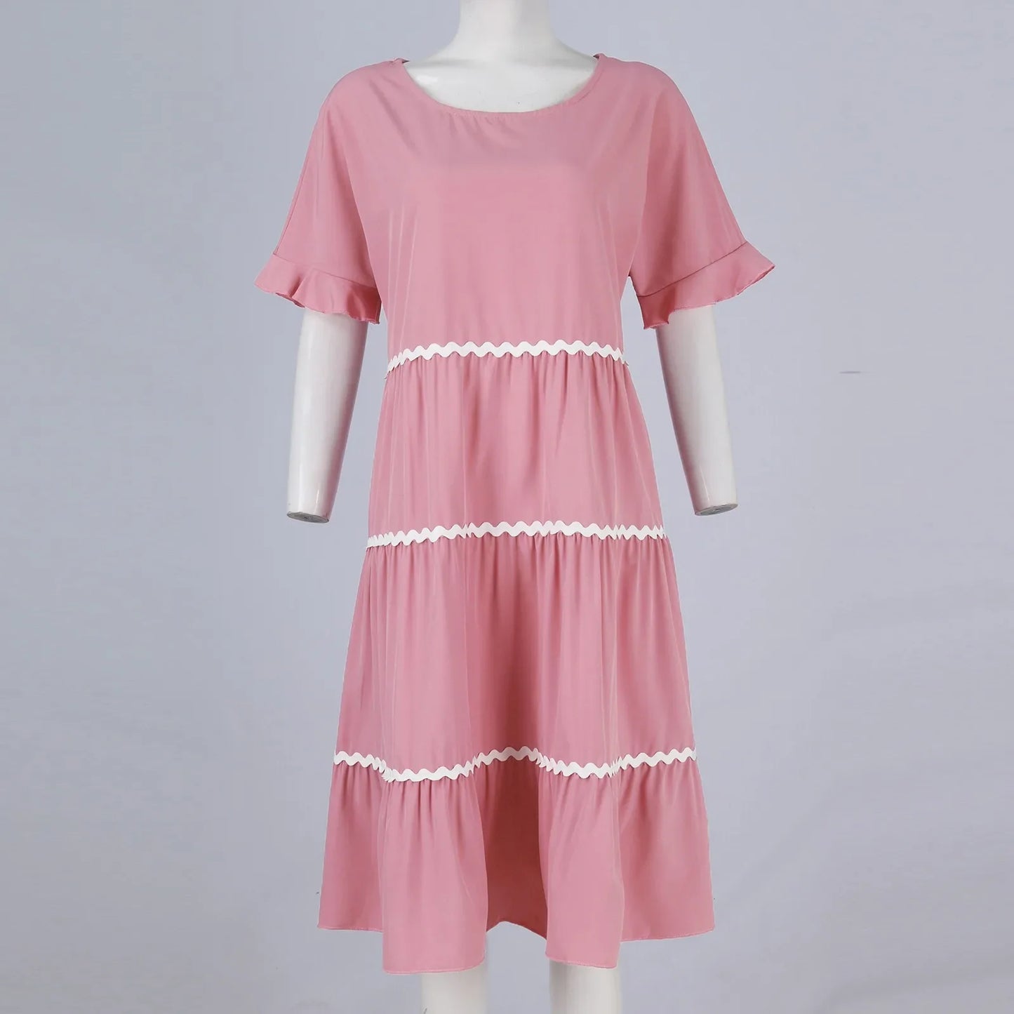 Casual Dresses- Tiered Dress with Piping Detail for Casual Outings- - Pekosa Women Fashion