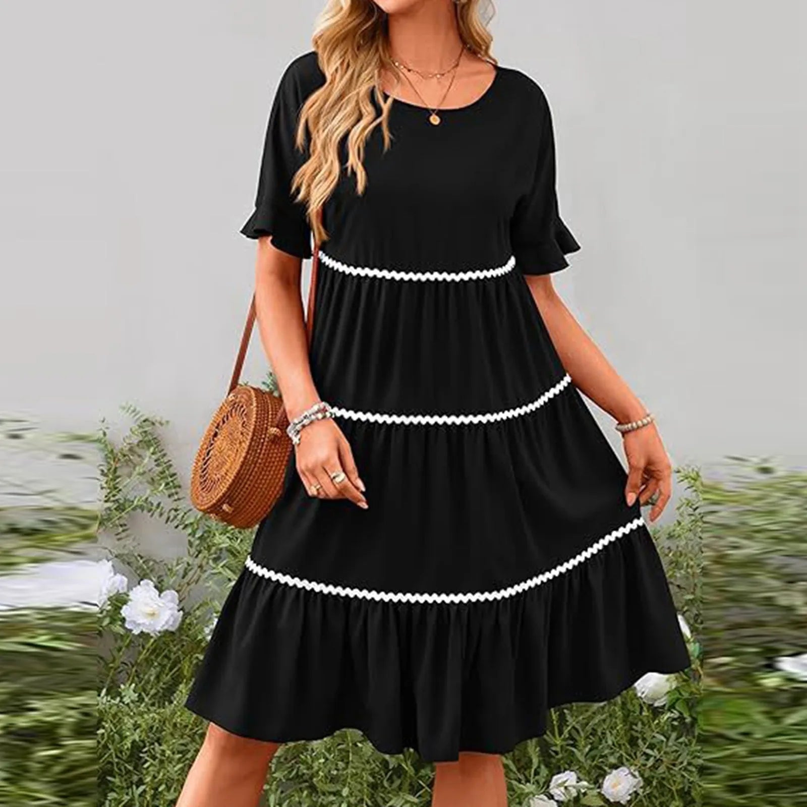 Casual Dresses- Tiered Dress with Piping Detail for Casual Outings- - Pekosa Women Fashion