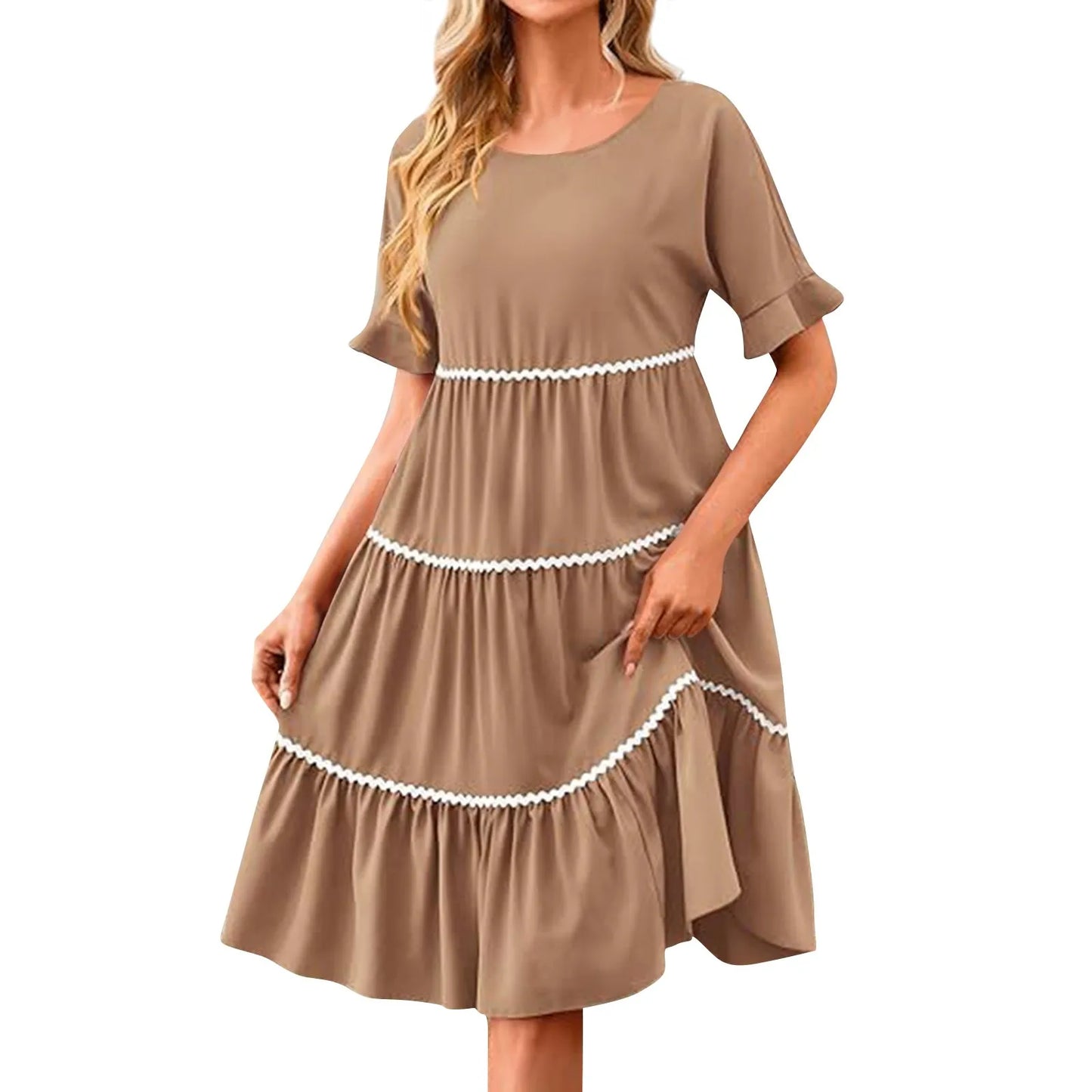 Casual Dresses- Tiered Dress with Piping Detail for Casual Outings- - Pekosa Women Fashion