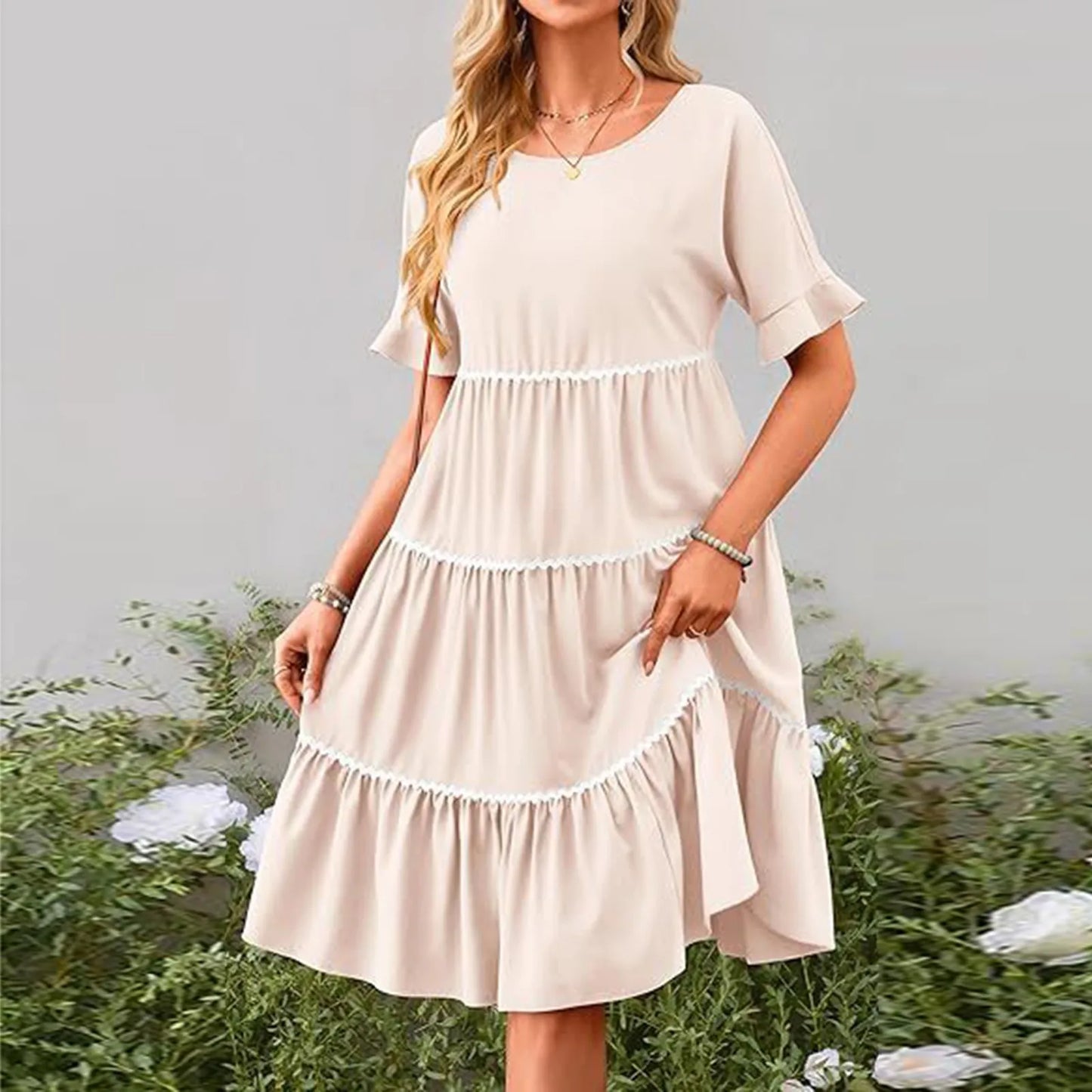 Casual Dresses- Tiered Dress with Piping Detail for Casual Outings- Beige- Pekosa Women Fashion