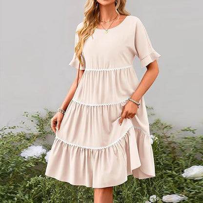 Casual Dresses- Tiered Dress with Piping Detail for Casual Outings- Beige- Pekosa Women Fashion